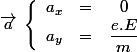 \vec{a} \; \left \lbrace \begin{array}{ccc} a_x&=&0 \\a_y&=&\dfrac{e.E}{m} \end{array}